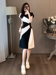 French High-End Casual Dress Women Summer 2025 New Elegant Waist-Cinching Slimming Midi Black White Dress A-Line Skirt