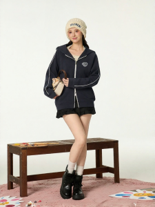Gbiaior | Heart Printed Hooded Jacket with Double Zipper Air Layer Fabric