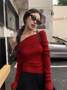 HUOLISI | Red Off-Shoulder Knit Sweater