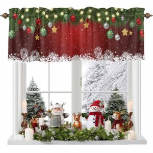 VIKAMA Black Triple Gnome Pine Forest Snowflake Christmas Short Window Curtain Rustic Cute Winter Holiday Festive Home Decor