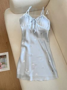 Blue Silver Butterfly Pure Desire Strap Sleep Dress Ice Silk Print Home Clothes Womens Short Sleeve V-Neck Sleepwear