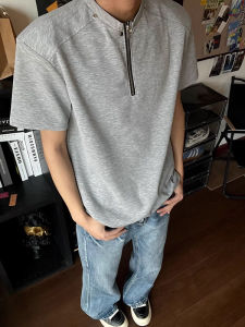 Áo Thun Nam Tay Ngắn Đệm Vai Có Khóa Kéo Cleanfit Dáng Rộng Thường Ngày Mùa Hè Năm Mảnh Tay Áo Polo Cổ Polo