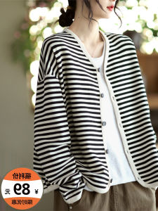 ฤดูใบไม้ผลิ ฤดูใบไม้ร่วง ผ้าฝ้าย เสื้อแจ๊กเก็ตสั้นแขนยาวปุ่มเดียวลายทาง คาร์ดิเกน ผู้หญิง แฟชั่น คอวี เสื้อเปิด