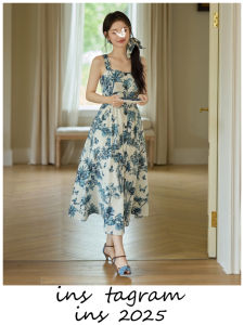 Romantic Plant Print Summer Dress Womens Cotton Gingham Checkered Long Gown Casual Style A-Line Skirt Short Sleeve Midi Dress