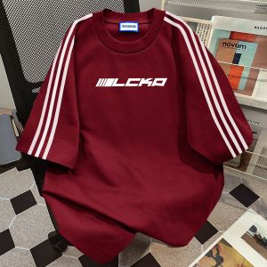 เสื้อยืดแขนสั้นผ้าฝ้ายแท้สําหรับผู้หญิงสไตล์อเมริกันย้อนยุคพร้อมสายสะพายพิมพ์ลายแฟชั่นฤดูร้อน 2024 สีแดง