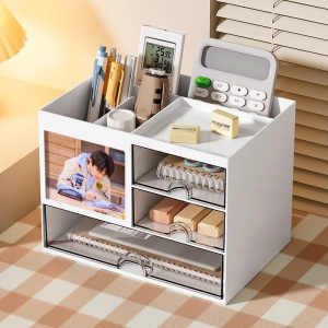 1 PC Multifunctional Desktop Storage Box with Drawers and Photo Frame Pen Holder Suitable for Offices Campuses and Dormitories