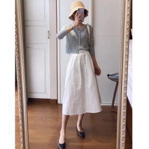 Elegant White A-Line Midi Skirt Womens Summer New Style High Waist Slimming Umbrella Skirt Korean Version Pleated Pocket
