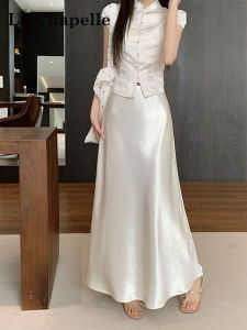 La Chapelle | Apricot Color Acetate Satin A-Line Long Skirt