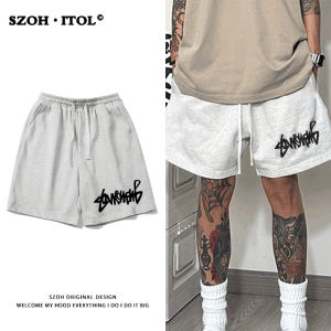 Hong Kong Style Creative Letter Print Simple Sports Mens Shorts Summer Loose All-Match Student Drawstring Wide Leg Five-Quarter Pants