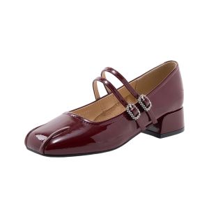 Josiny | Burgundy Mary Jane Shoes Retro French Elegant Style Patent Leather Coarse Heels