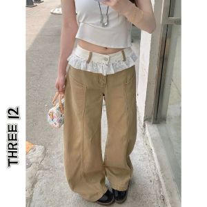 Quần Ống Rộng American Retro Lace Trim Casual Pants Cho Nữ Mùa Thu Phong Cách Mới Quần Ống Đứng Rộng Rãi Thon Gọn