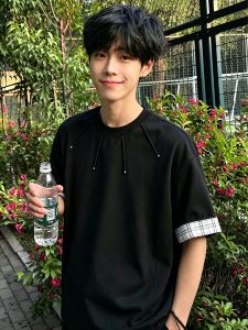 OUMULONG | Plaid Patches Studs Short Sleeve T-Shirt