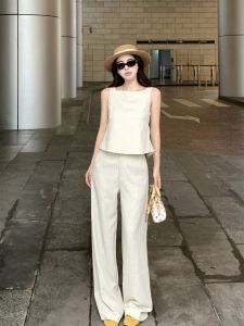 VKSOD | Vintage Style Womens Hollow Out Vest Shirt Loose Wide Leg Pants Two Piece Set Summer Fashion High Waist Slimming Effect