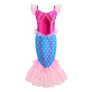 Disney Mermaid Pink Princess Dress Summer Beach Girls Party Cosplay Mermaid Princess Flying Sleeve Cute Dress + Accessories Set