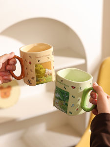 Japanese Style Ceramic Manga Landscape Office Coffee Cup Couple Mugs High End Precise Design Cartoon Bear Valley Group
