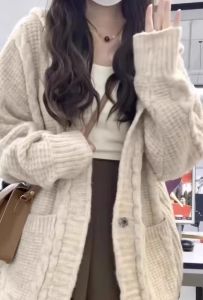 Thickened Lazy Style Womens Knitted Cardigan Hat Sweater Autumn Winter New Korean Loose Medium Long Twist Knitwear