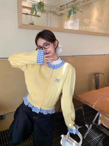 Womens Oversized Knitted Cardigan Butterfly Knot Embroidery Checkered Loose Sweater Coat Fake Two-Piece Style Korean Commute Fashion