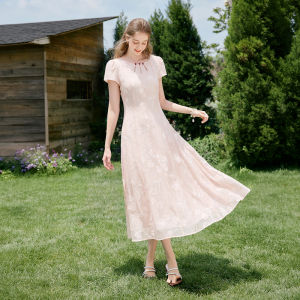 XIANGYING | Pink Fitted Chinese Style Dress Short Sleeve Mid Length