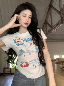 Áo Thun Nữ Tay Ngắn in Họa Tiết Vai Thường Ngày Mùa Hè 2025 Phong Cách Hàn Quốc Cổ Tròn Dáng Ôm Vừa Vặn Đa Năng