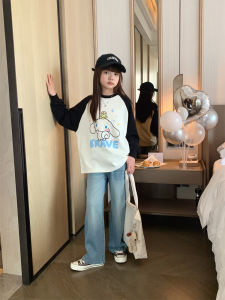 Girls Cartoon Oversized Long Sleeve Hoodie Shoulder Insert Spring Autumn Fashionable Loose Pullover Shirt Cotton Blend Fabric