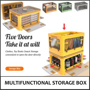 5 Door Open Foldable Storage Box with Wheels - Premium Quality Material - Stackable Storage Cabinet Organizer - Yellow/Green/White - Durable and Eco-friendly Plastic - Unique Lid Design - Foldable and Space-saving - Pulley Design - Ideal for Home Storage