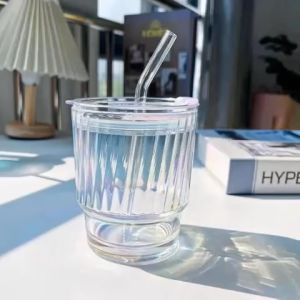 Ly Thuỷ Tinh Phối Màu Cầu Vòng Sọc Thẳng 400ML Kèm Ống Hút Và Nắp Cao Cấp