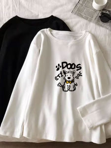 Áo Thun Cotton Dài Tay Dáng Rộng Cho Nữ Mùa Thu Đông Màu Trơn Cổ Tròn in Chữ Thời Trang Thường Ngày