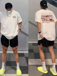 เสื้อยืดแขนสั้นผ้าฝ้ายแท้สำหรับผู้ชาย ทรงหลวม ลำลอง ฤดูร้อน 2024 ใหม่ เสื้อยืดทรงหลวมสไตล์อเมริกัน เสื้อตัวบน