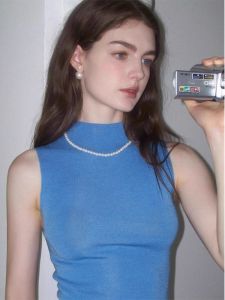 HUOLISI | French Style Blue Semi-High Collar Knit Slim Fit Summer Vest