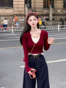 Chic Elegant Fake Two-Piece Base Shirt T-Shirt Womens Spring Autumn New High-End Slimming Long Sleeve Inner Wear Top