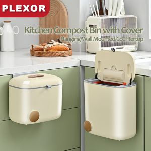 Plexor 7L/9L Kitchen Compost Bin with Cover Hanging/Wall Mounted Garbage Can for Kitchen Plastic Indoor Countertop Compost Bucket Dust Case Holder Home Mountable for Garage Kids Bedroom Cabinet