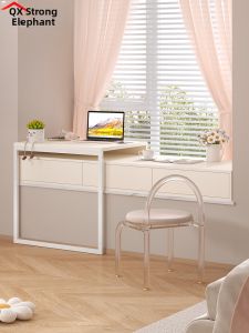 QIANGXIANG | Creamy Style Half-Overlapping Window Study and Computer Table with Drawer Cabinet Storage