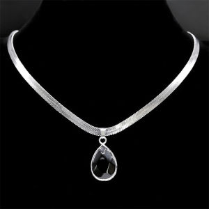 Gothic Water Drop Black Obsidian Necklace for Women Stainless Steel Clavicle Snake Chain Choker Kpop Jewelry