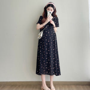 Maternity Dress Pregnant Womens Summer Floral Embroidered V-Neck Tie Waist Long Dress