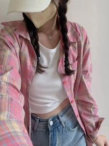 Áo Sơ Mi Nữ Tay Dài Rộng Rãi Mỏng Chống Nắng Họa Tiết Kẻ Caro Màu Hồng Thường Ngày Dài Tay Áo Dài Áo Khoác Ngoài Tencel
