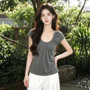 CHOEFULYN | High Sense Gray Ruffled U-Neck Halter Short Sleeve T-shirt