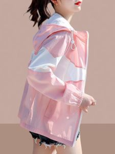 Summer Ice Silk Ladies New 2025 Lightweight Outdoor Breathable Patchwork Color Open Cardigan Hooded Sun Protection Outerwear