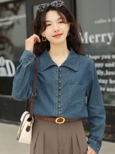 Retro Denim Polo Collar Long Sleeve Womens Shirt Casual Versatile Spring Autumn Jacket Korean Style Commute Regular Fit