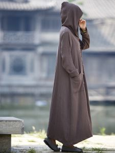 ชุดเดรสยาวคลุมศีรษะผ้าฝ้ายลินิน พร้อมกระดุมหน้า ทรงยาวคลุมสะโพก สำหรับผู้หญิง สไตล์สาวๆ ฤดูใบไม้ร่วง 2023