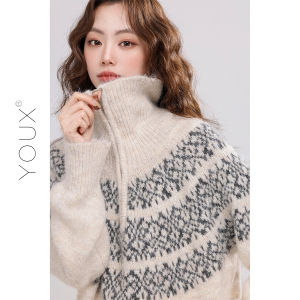 YOUXIANG | Áo Sweater Cổ Cao Mở Nửa Zip Phong Cách Retro Fair Isle Thùng Thình