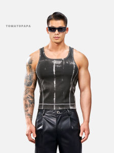 TOMATOPAPA | Hand-drawn Letters Printed Piping Slim Fit Sport Vest