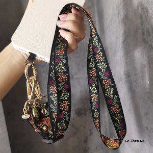 XinZhu Long Length Crossbody Embroidered Flower Woven Mobile Phone Lanyard Adjustable Outdoor Travel Anti-Loss Bag Charm Universal Phone Case