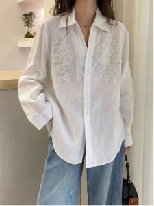 เสื้อเชิ้ตสีขาวทรงหลวมสไตล์เกาหลีปักลูกปัดสีขาว ทรงหลวม เสื้อเชิ้ตทรงปกติ ป้องกันรังสียูวี แขนยาว คอโปโล