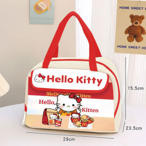 กระเป๋าใส่อาหาร Hello Kitty ทรงสี่เหลี่ยมจัตุรัสแบบสะพายไหล่ผ้าใบความจุขนาดใหญ่ อุปกรณ์เก็บของสำหรับใช้ในบ้าน