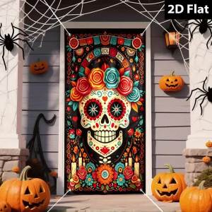 1Pc Rose Floral Sugar Skull Door Curtain Dia De Los Muertos Day of the Dead Door Banner for Halloween Yard Party Decor