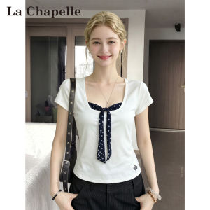 La Chapelle | Polka Dot Embroidery Two-Piece Style Bow Design Slim Fit T-Shirt Summer