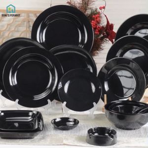 Set Perlengkapan Makan Melamin Asli 100% / Polos Hitam/Tahan panas/Anti Pecah