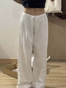Quần Ống Rộng Thêu Hoa Màu Trắng Mùa Hè Có Dây Rút BM Mall Brand Casual Cotton Straight Leg Long Pants Quần Dài Thường Ngày