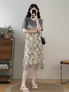 French Floral Print Halter Dress Shoulder Length T-Shirt Dress plus Size A-Line Skirt High Waist Summer New Style Fake Two-Piece