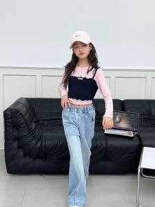 Girls Pants American Style Rhinestone Denim Jeans Loose Straight Pants Casual Shiny Wide-leg Sports Long Pants